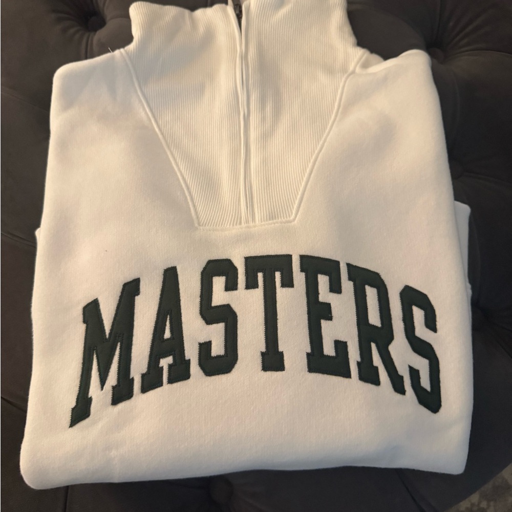 Masters White Half-Zip Sweatshirt with Dark Green Script